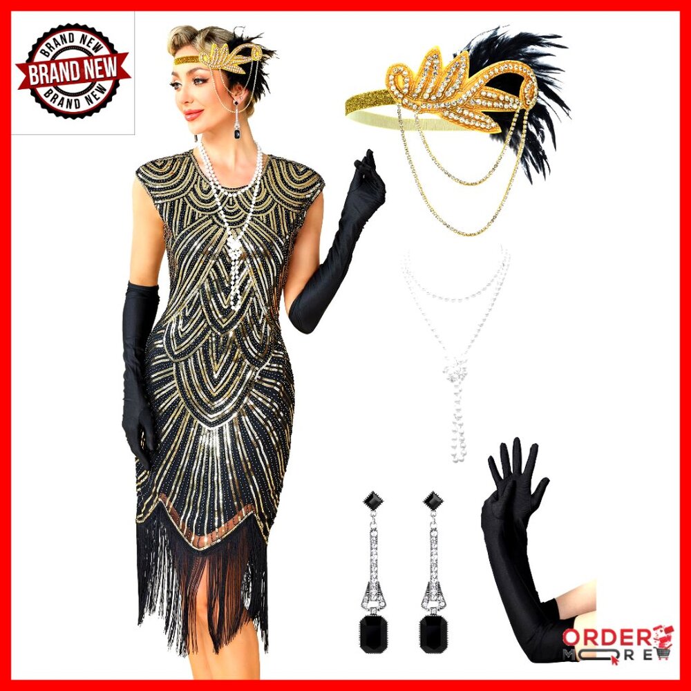 1920s Flapper Dress Sequin Fringed Gatsby Costume With Accessories Set